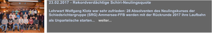 23.02.2017 - Rekordverdchtige Schiri-Neulingsquote  Lehrwart Wolfgang Klotz war sehr zufrieden: 28 Absolventen des Neulingskurses der Schiedsrichtergruppe (SRG) Ammersee-FFB werden mit der Rckrunde 2017 ihre Laufbahn als Unparteiische starten...   weiter...