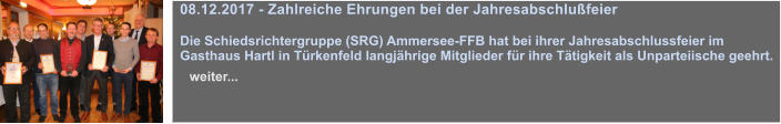 08.12.2017 - Zahlreiche Ehrungen bei der Jahresabschlufeier  Die Schiedsrichtergruppe (SRG) Ammersee-FFB hat bei ihrer Jahresabschlussfeier im Gasthaus Hartl in Trkenfeld langjhrige Mitglieder fr ihre Ttigkeit als Unparteiische geehrt.    weiter...